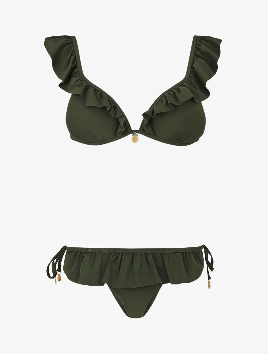 Bikini volanté à détail bijoux ananas - Kaki