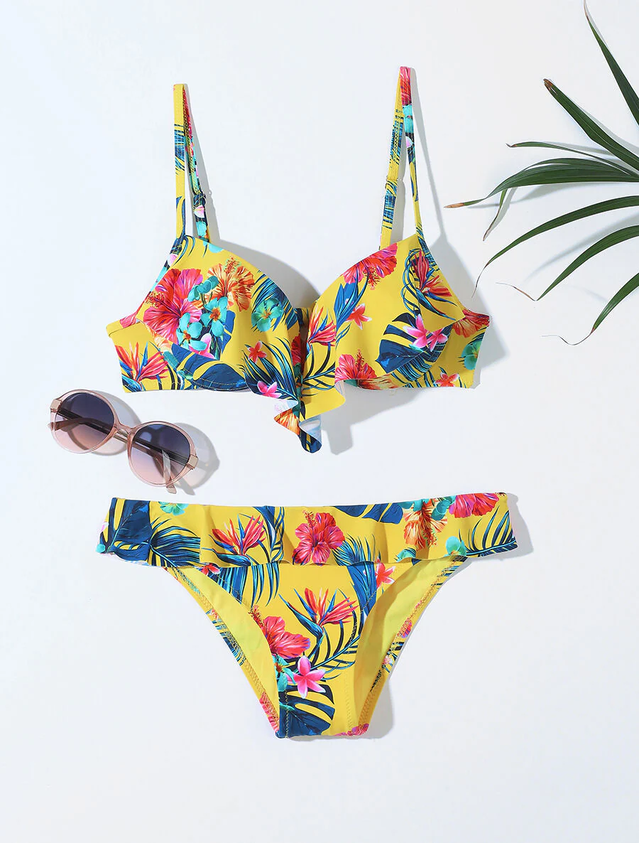 Bikini volanté à imprimé fleuri - Jaune