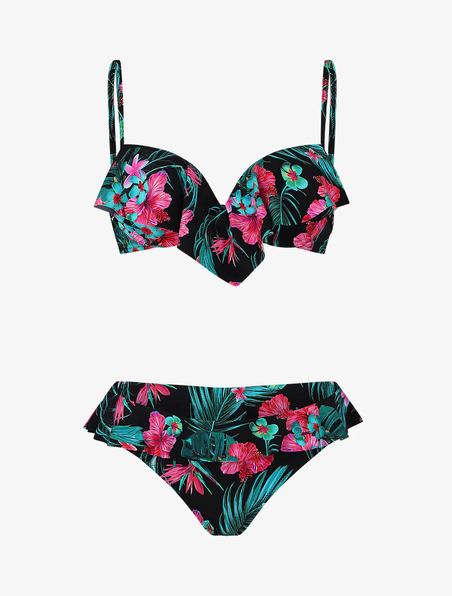 Bikini volanté à imprimé fleuri - Noir
