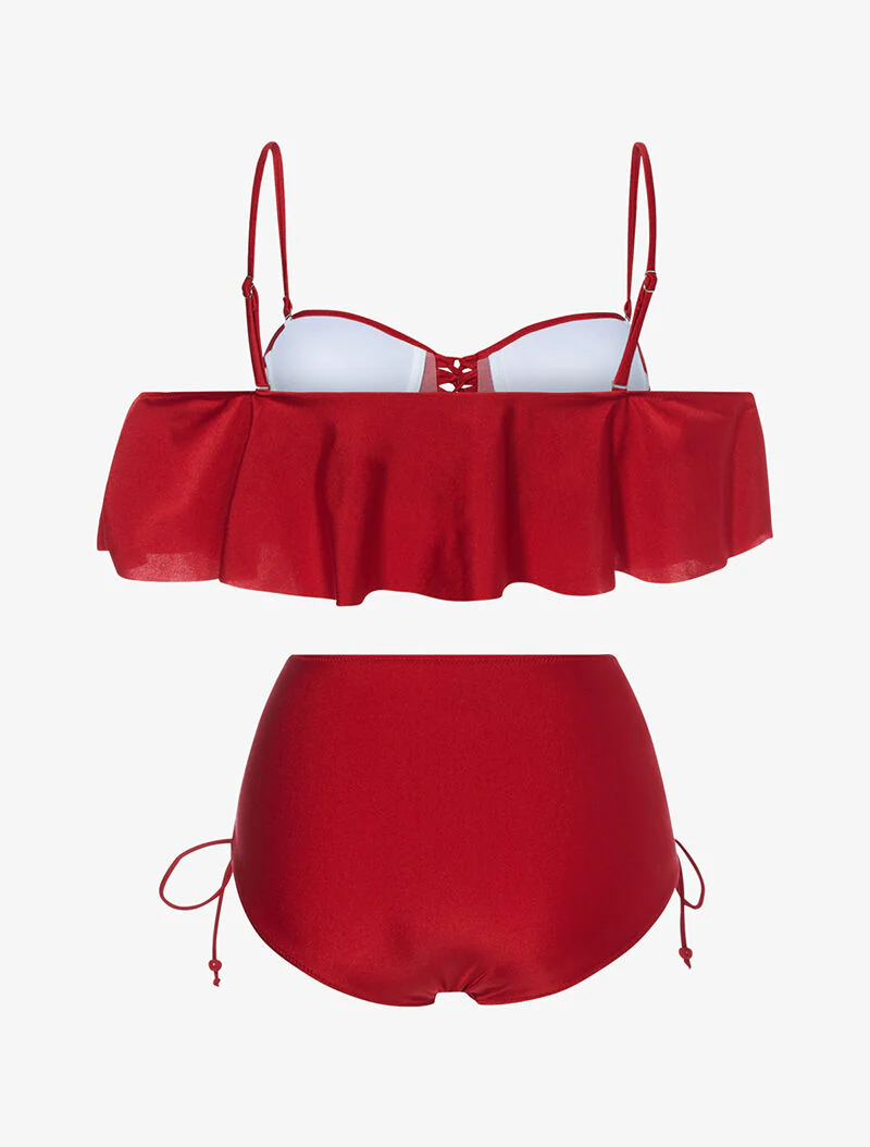 Bikini volanté et taille haute - rouge - Image 2