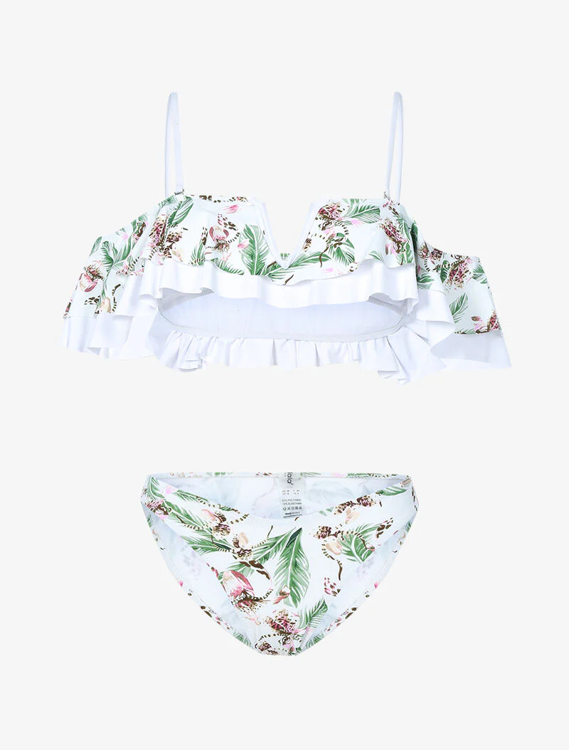 Bikini volanté imprimé jungle - blanc
