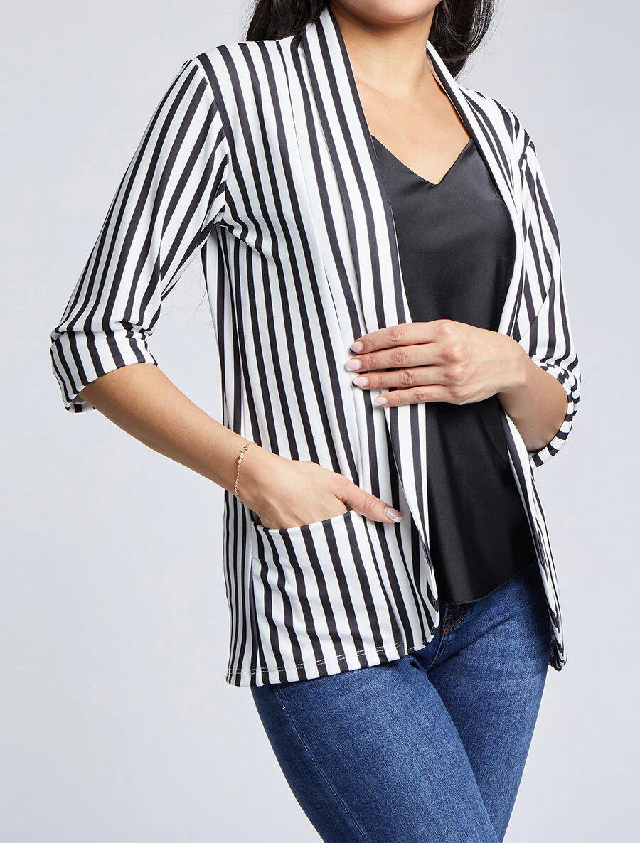 Blazer droit rayé à manches 3/4 - Noir
