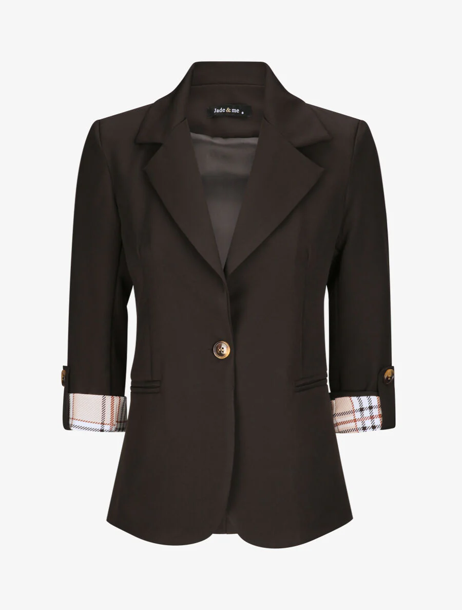 Blazer droit uni manches 3/4 à revers carreaux - Noir