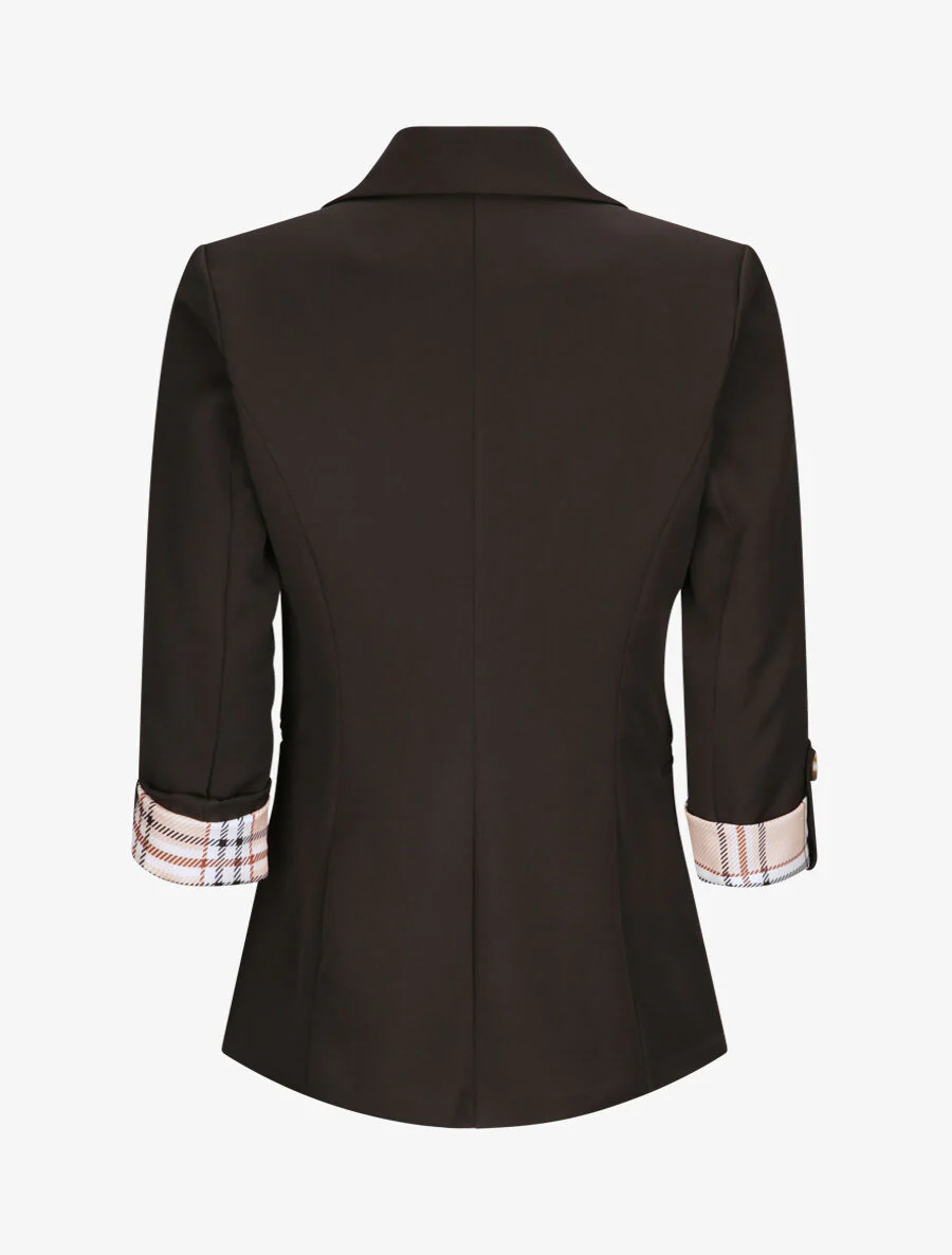 Blazer droit uni manches 3/4 à revers carreaux - Noir - Image 2