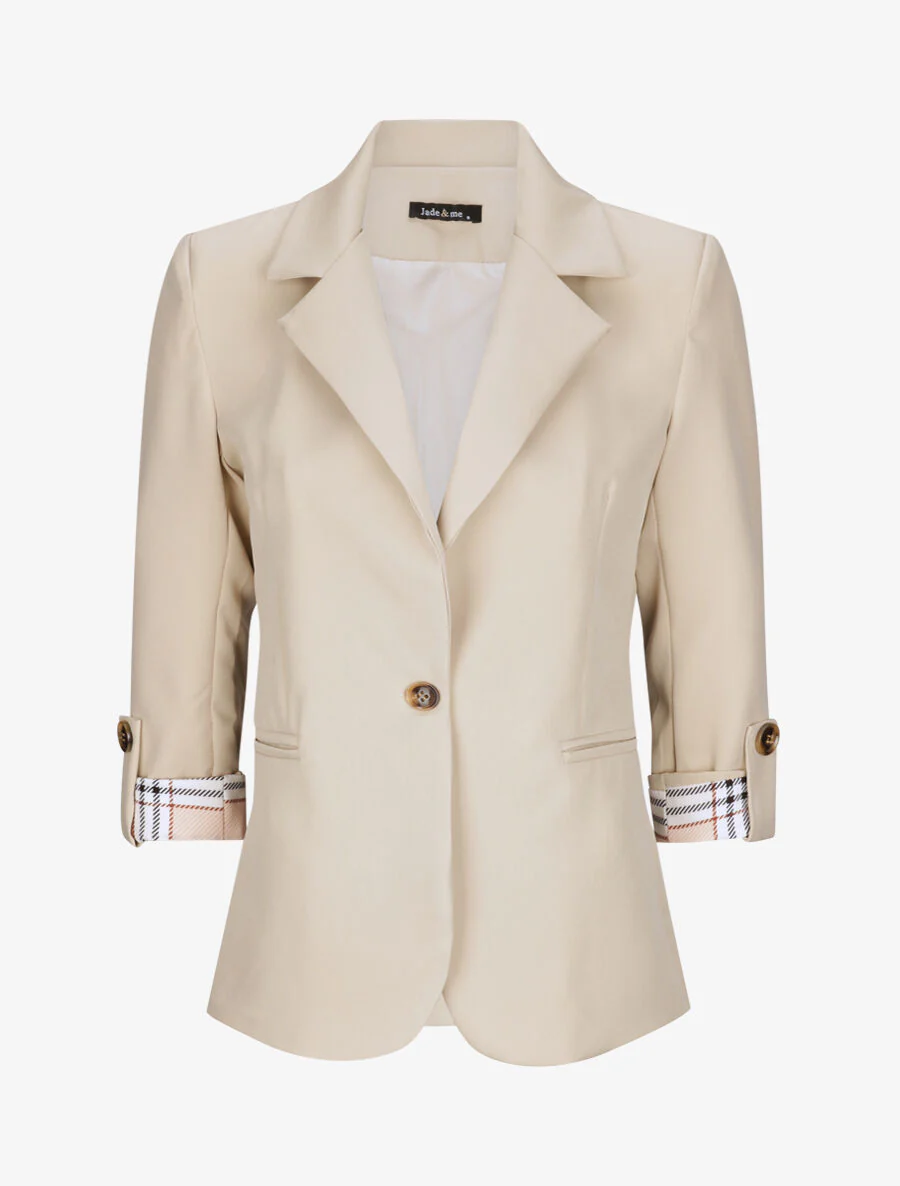 Blazer droit uni manches 3/4 à revers carreaux - Beige