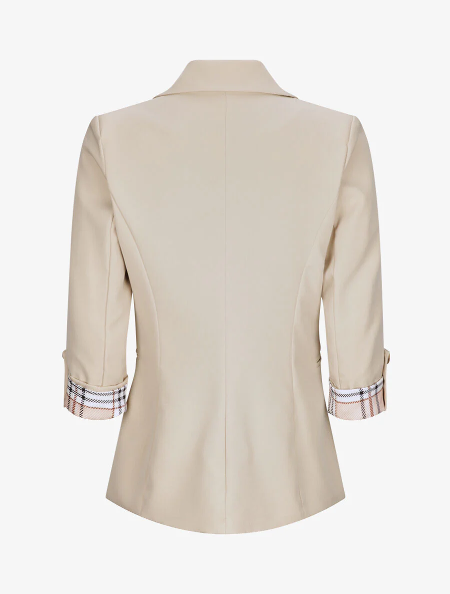 Blazer droit uni manches 3/4 à revers carreaux - Beige - Image 2