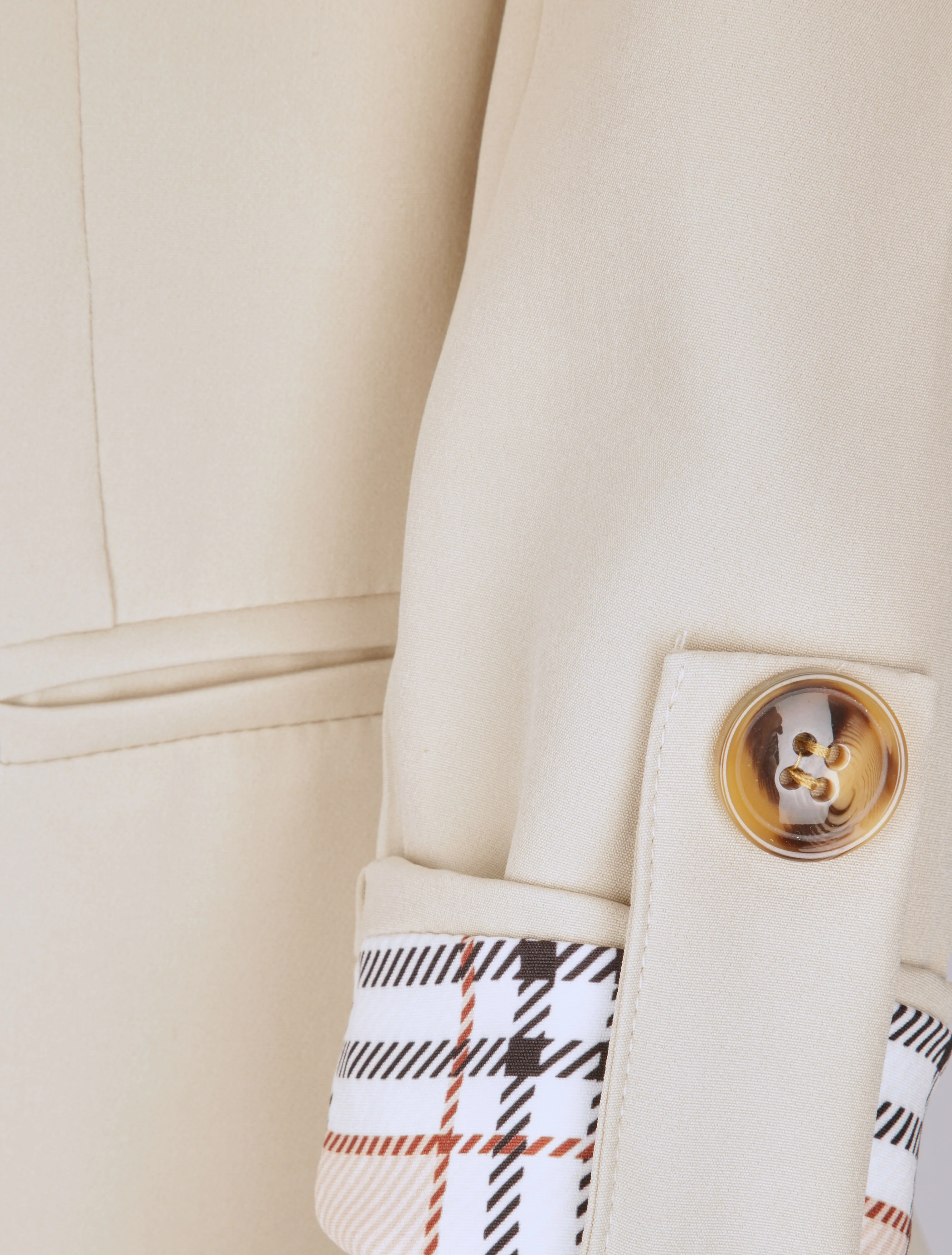 Blazer droit uni manches 3/4 à revers carreaux - Beige - Image 3