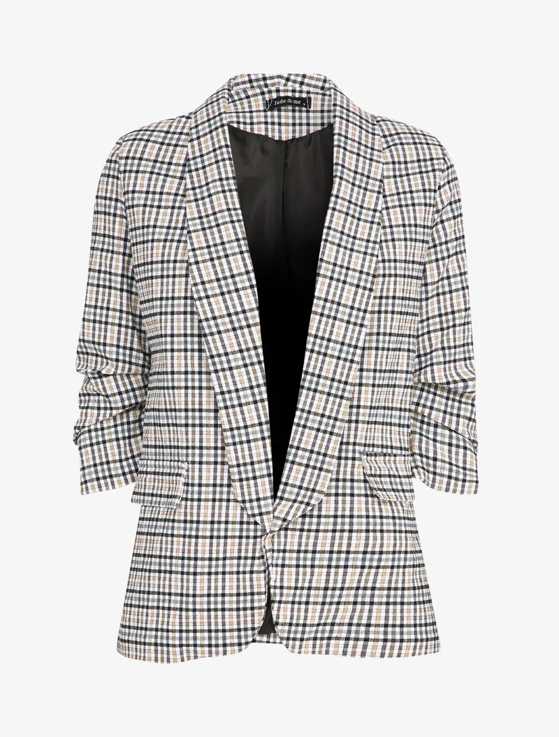 Blazer imprimé petits carreaux à manches 3/4 froncée - Noir/beige