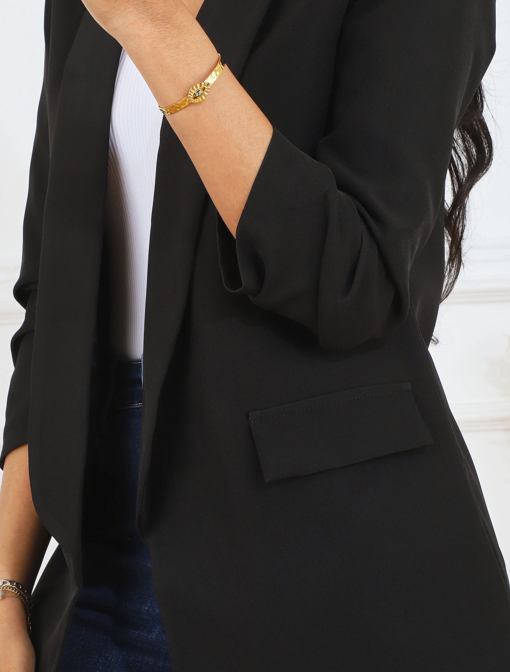 Blazer ouvert à manches plissées - Noir - Image 6