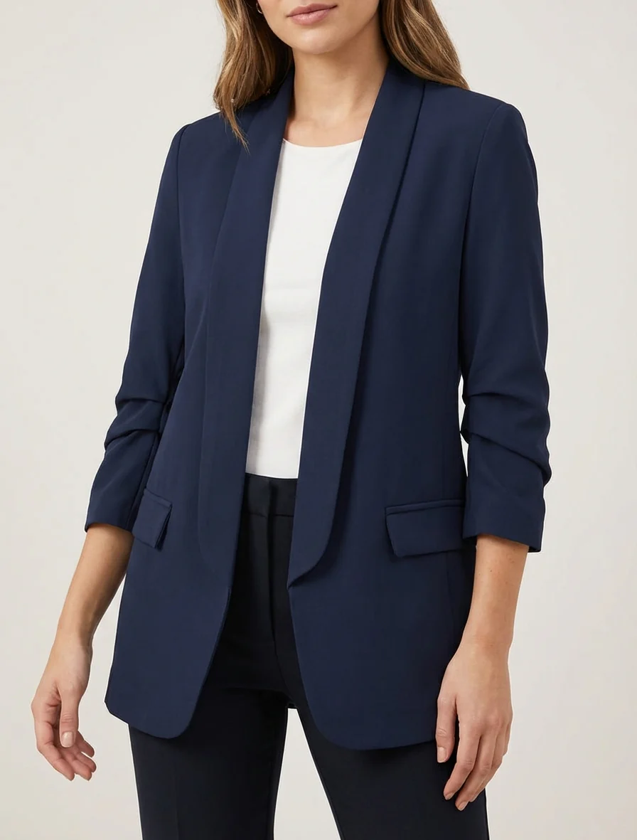 Blazer uni à manches froncées - Marine - Image 4