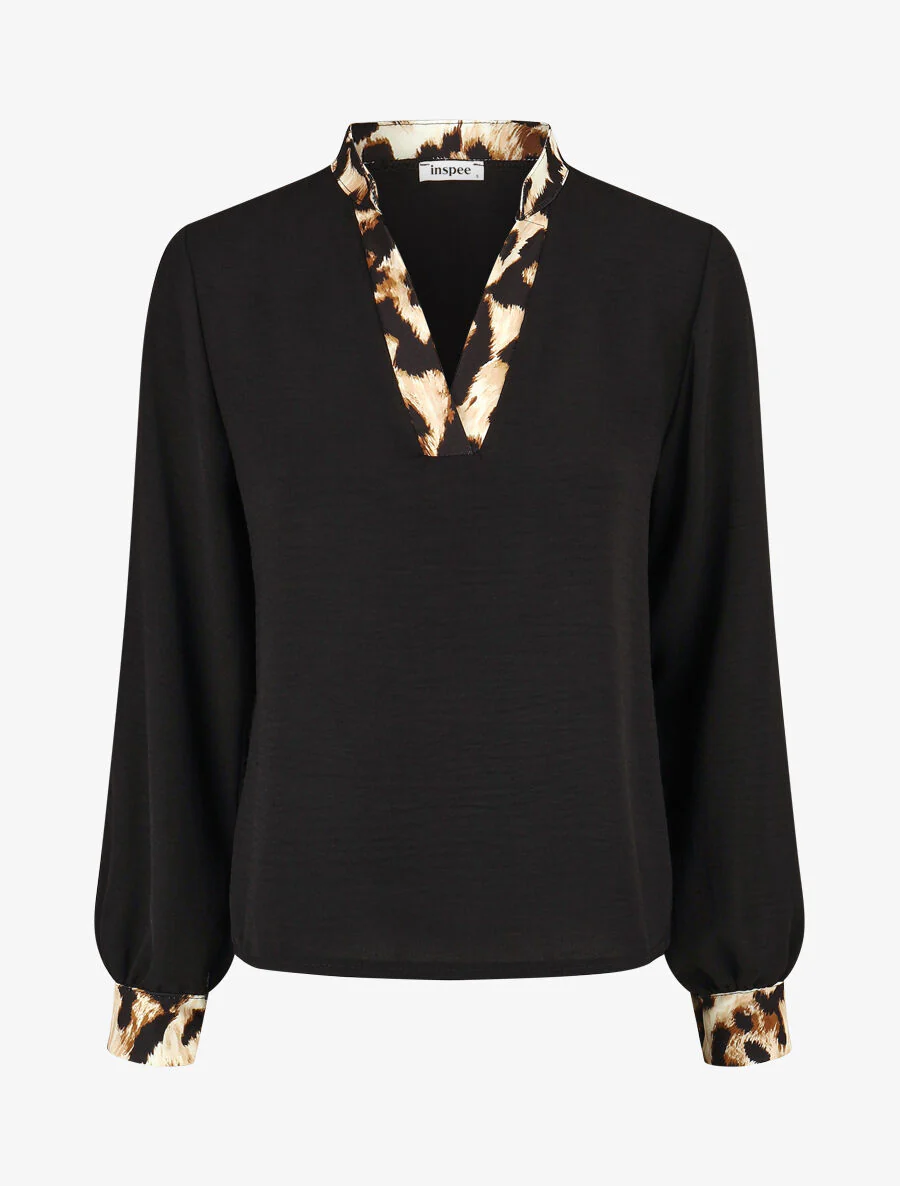Blouse à bords imprimé léopard - Noir