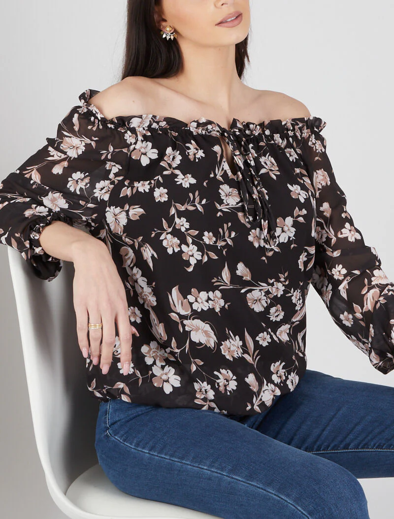 Blouse à col bardot à imprimé floral - noir