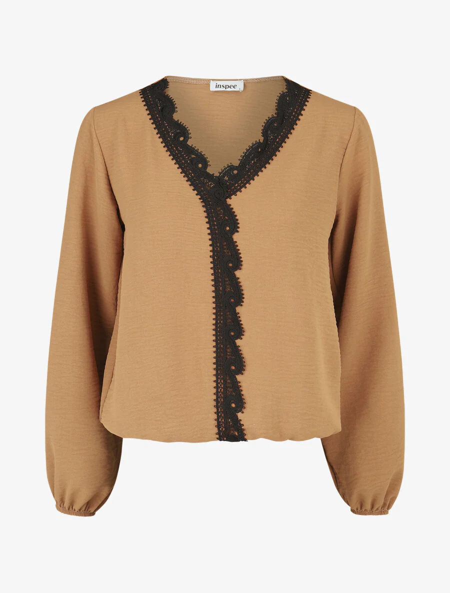 Blouse à col V brodé - Camel