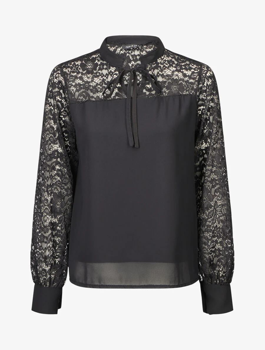 Blouse à manches longues ajourées en dentelle - Noir