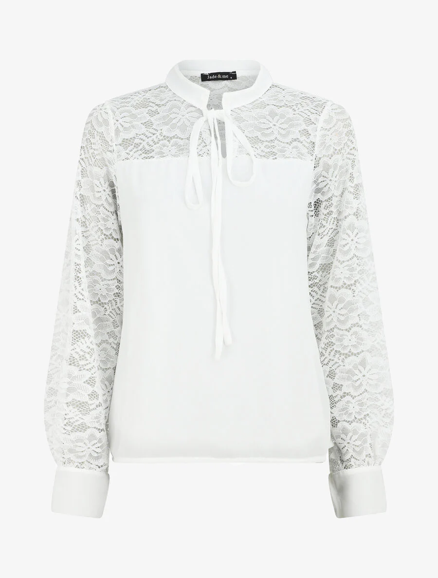 Blouse à manches longues ajourées en dentelle - Blanc