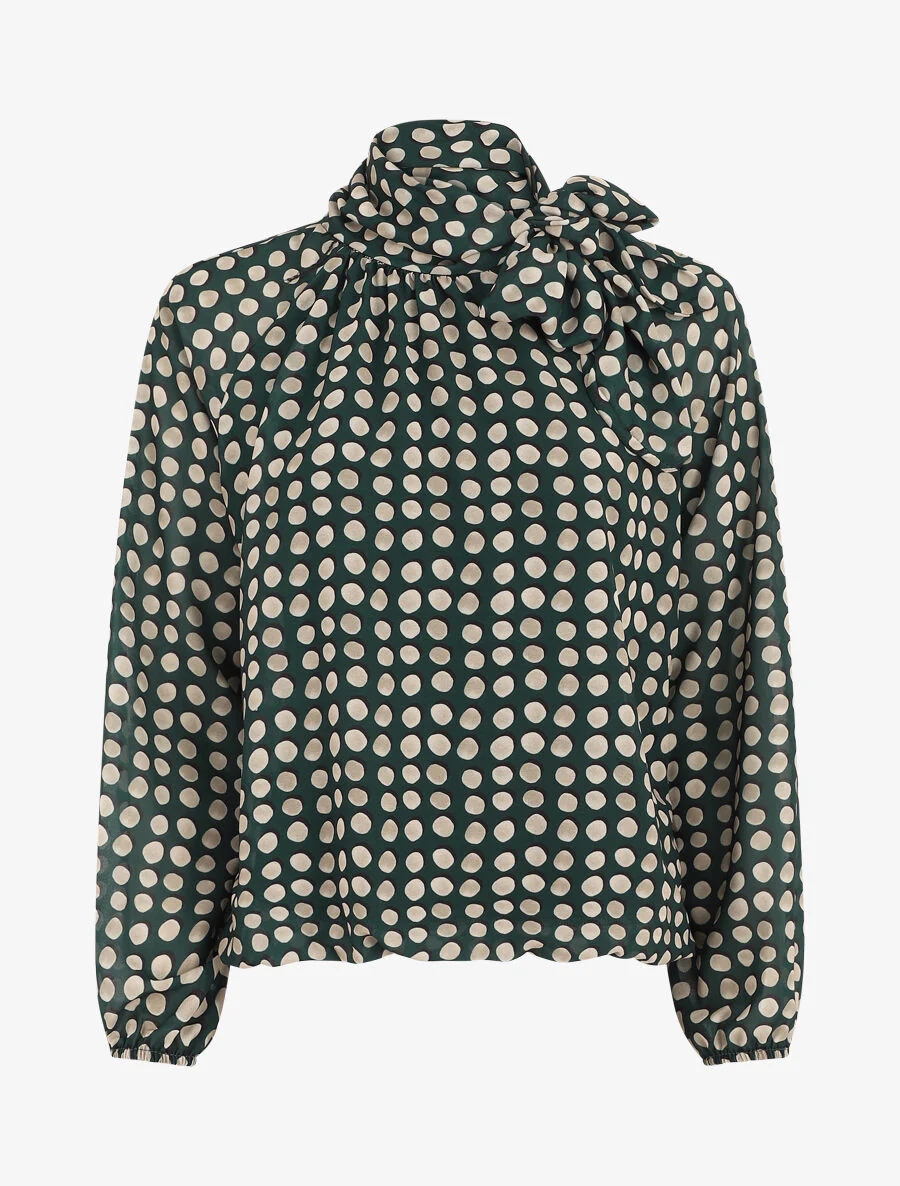 Blouse ample à pois col lavallière - Vert sapin