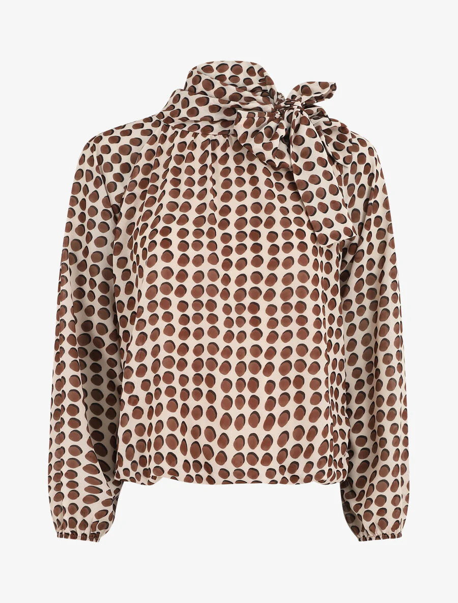 Blouse ample à pois col lavallière - Beige