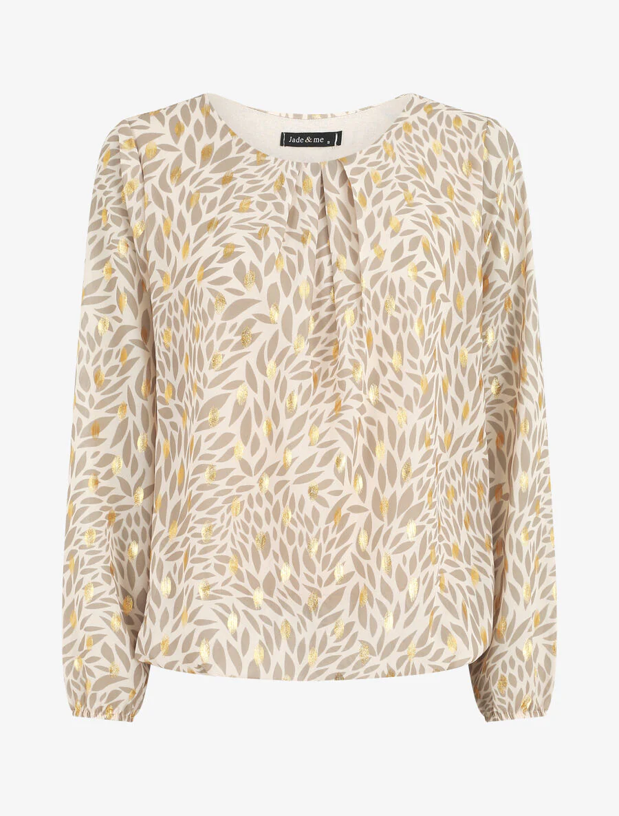 Blouse ample en voile imprimé feuilles irisées - Beige