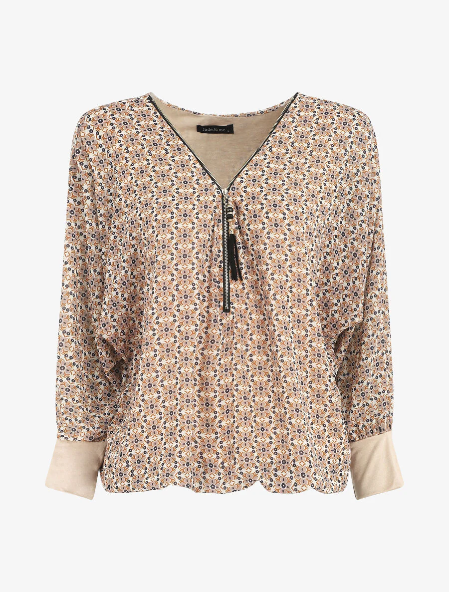 Blouse ample imprimé mosaïque fleurie à col zippé - Beige