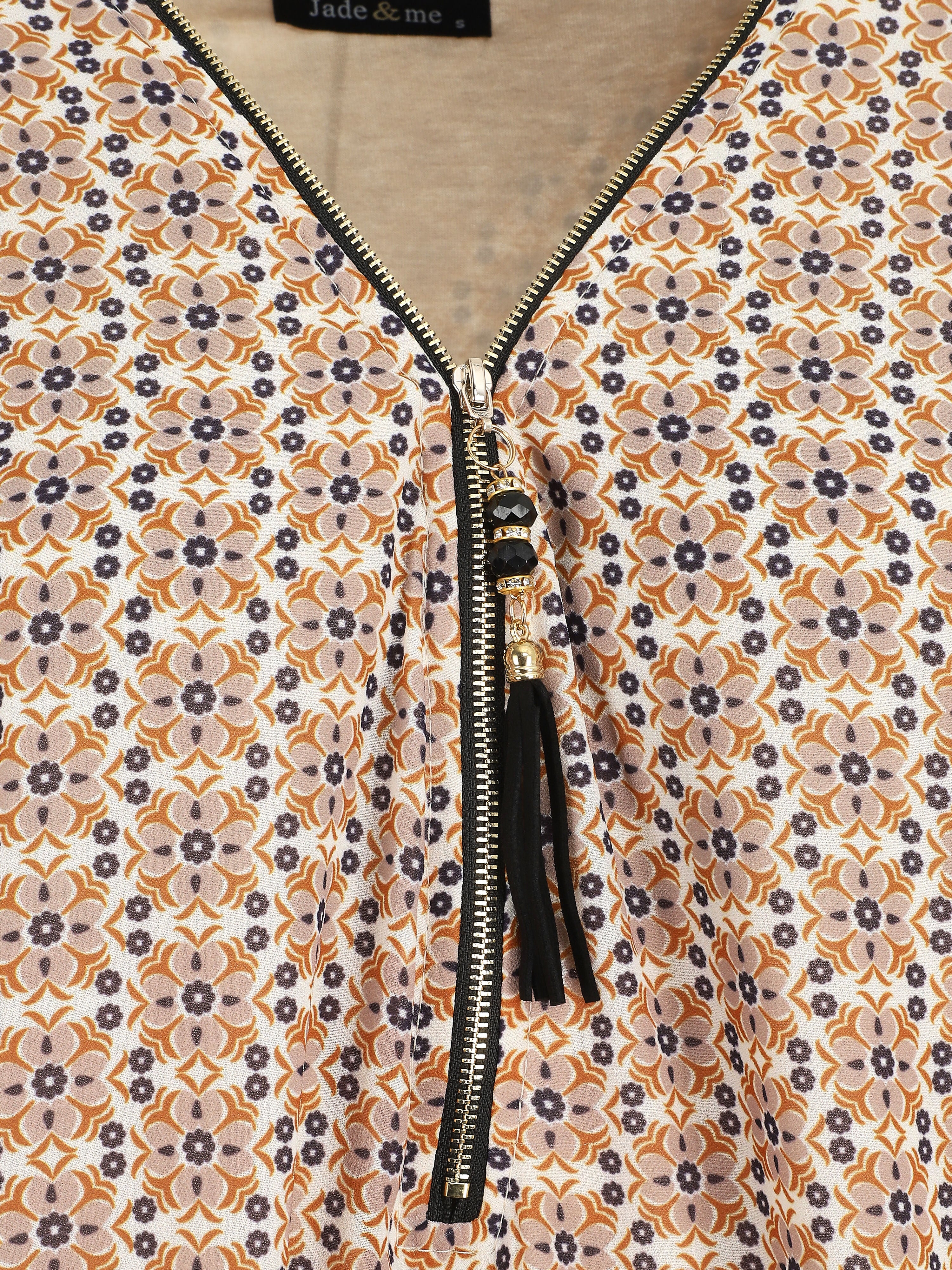 Blouse ample imprimé mosaïque fleurie à col zippé - Beige - Image 3