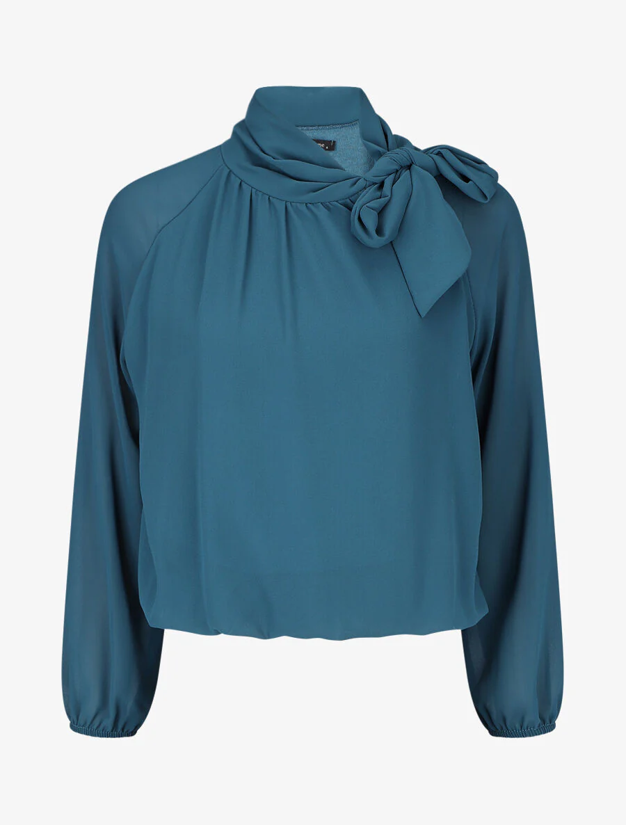 Blouse ample unie col lavallière - Bleu canard