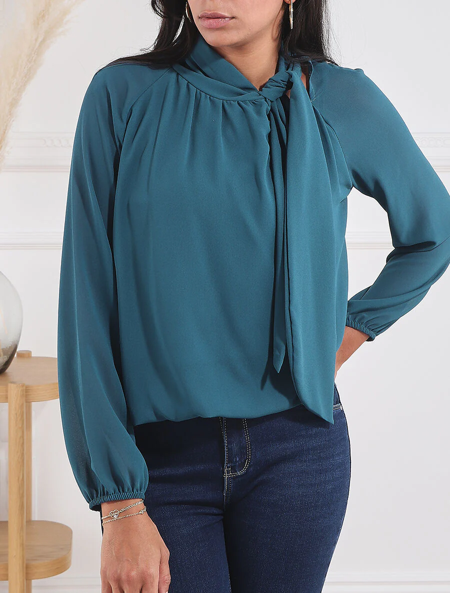 Blouse ample unie col lavallière - Bleu canard - Image 4