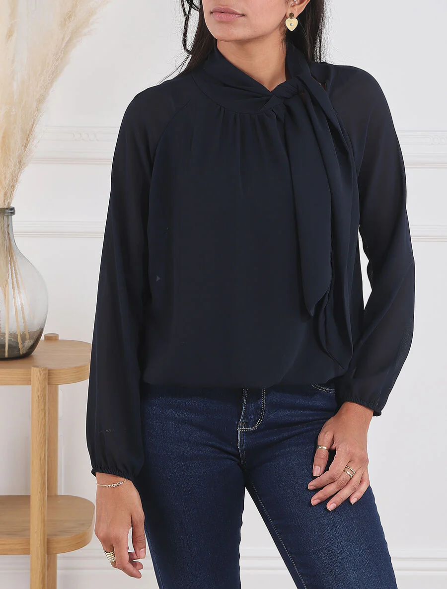 Blouse ample unie col lavallière - Marine - Image 4