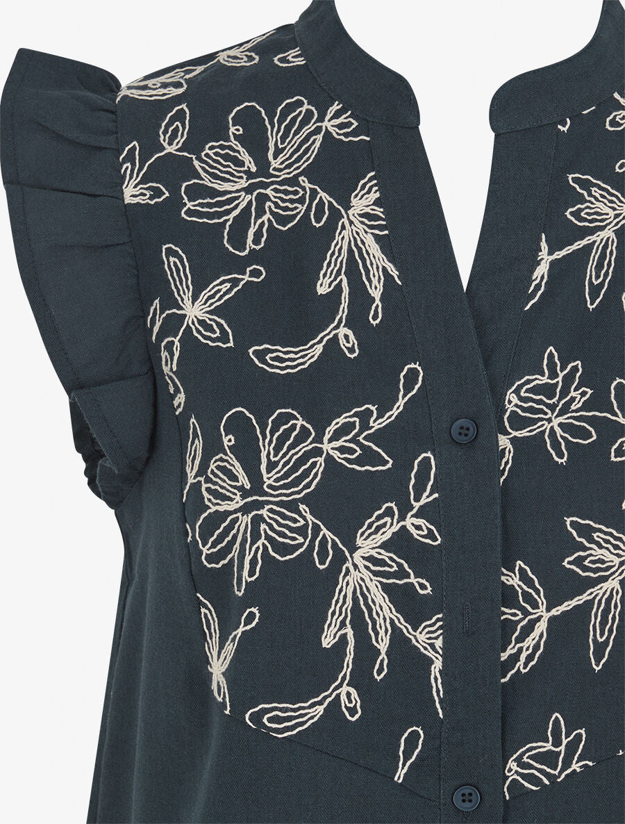 Blouse brodée sans manches à épaules volantées - Bleu pétrole - Image 3