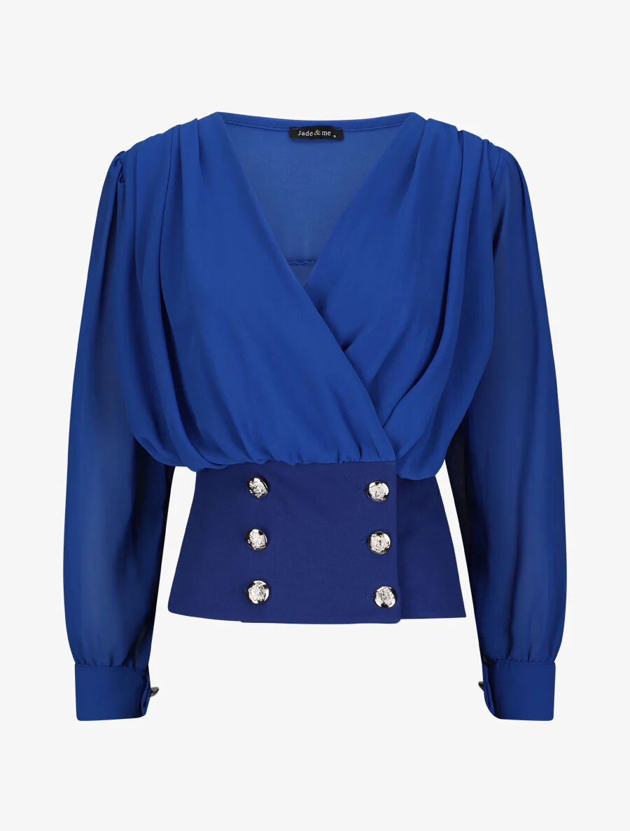 Blouse cache-coeur à boutons stylisés - Bleu roi