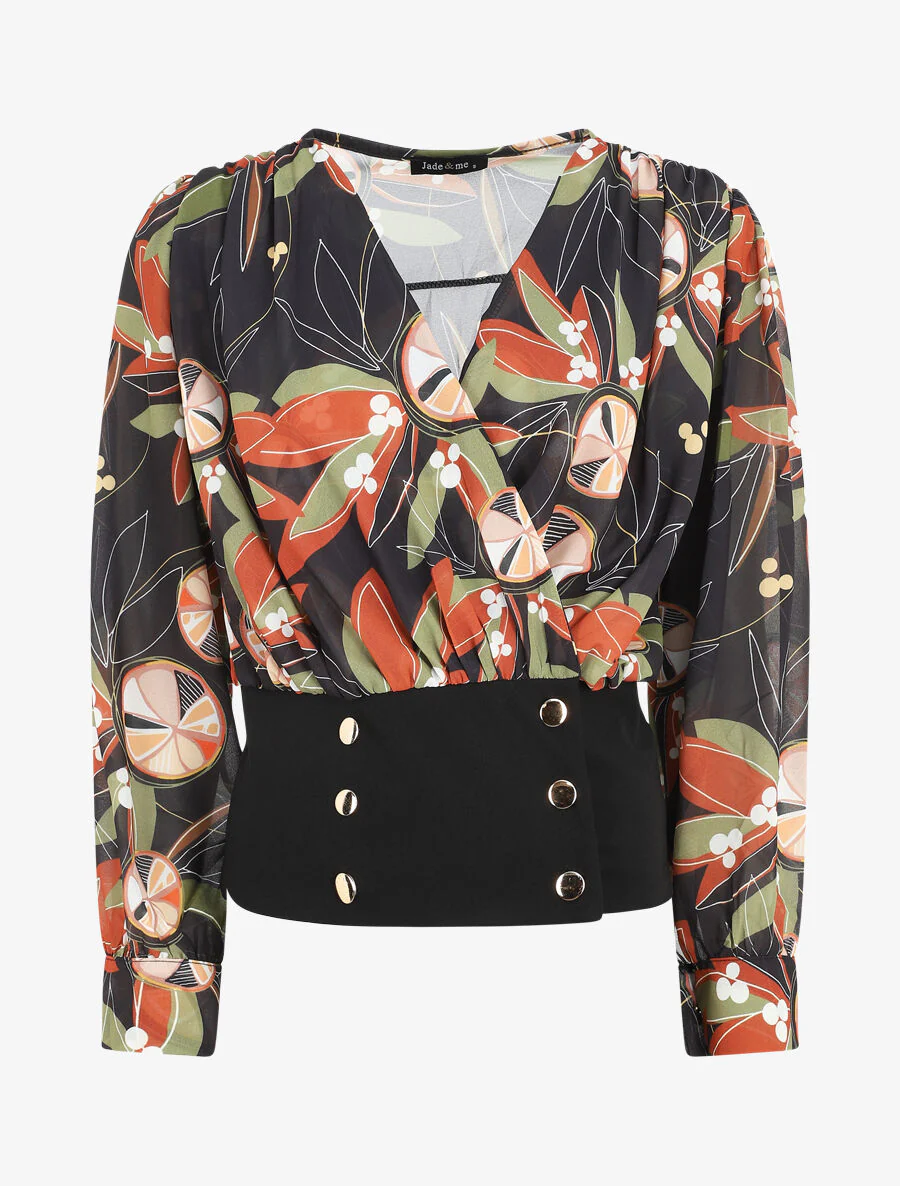 Blouse cache-coeur imprimée à boutons décoratifs - Noir