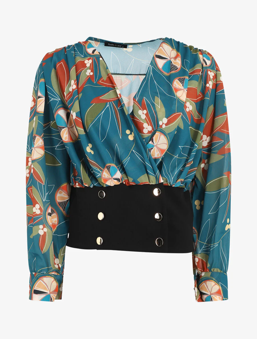 Blouse cache-coeur imprimée à boutons décoratifs - Bleu canard