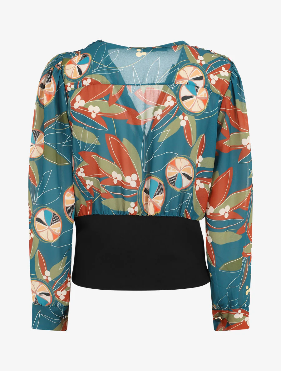 Blouse cache-coeur imprimée à boutons décoratifs - Bleu canard - Image 2