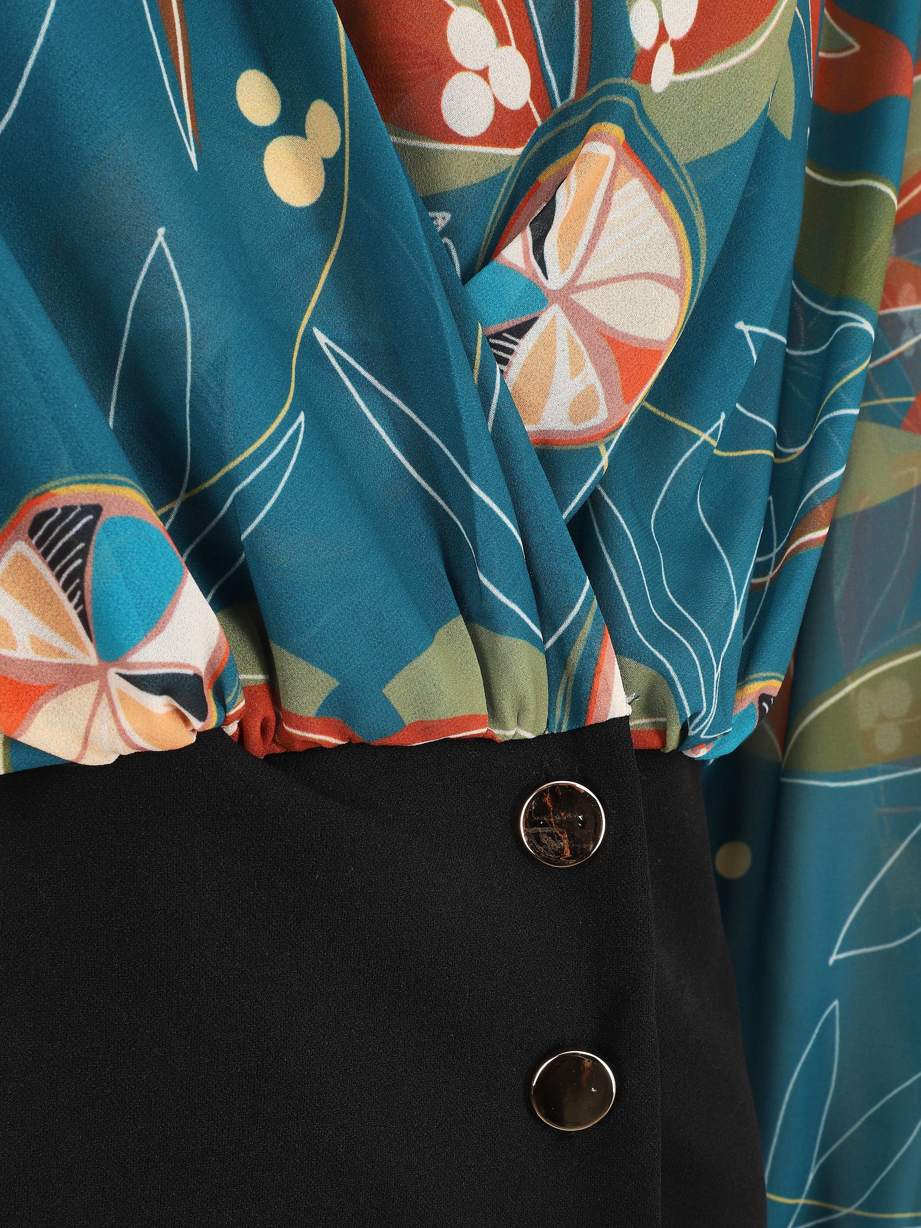 Blouse cache-coeur imprimée à boutons décoratifs - Bleu canard - Image 3