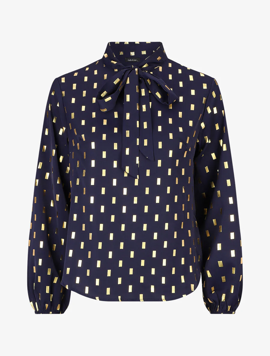 Blouse col lavallière à imprimé rectangles dorés - Marine