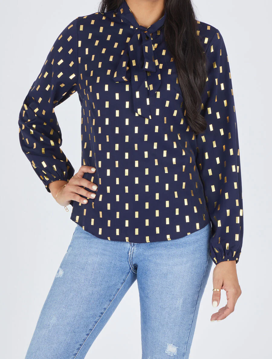 Blouse col lavallière à imprimé rectangles dorés - Marine - Image 4
