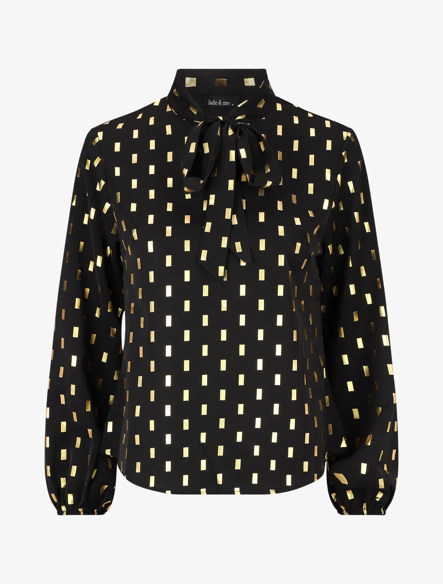 Blouse col lavallière à imprimé rectangles dorés - Noir