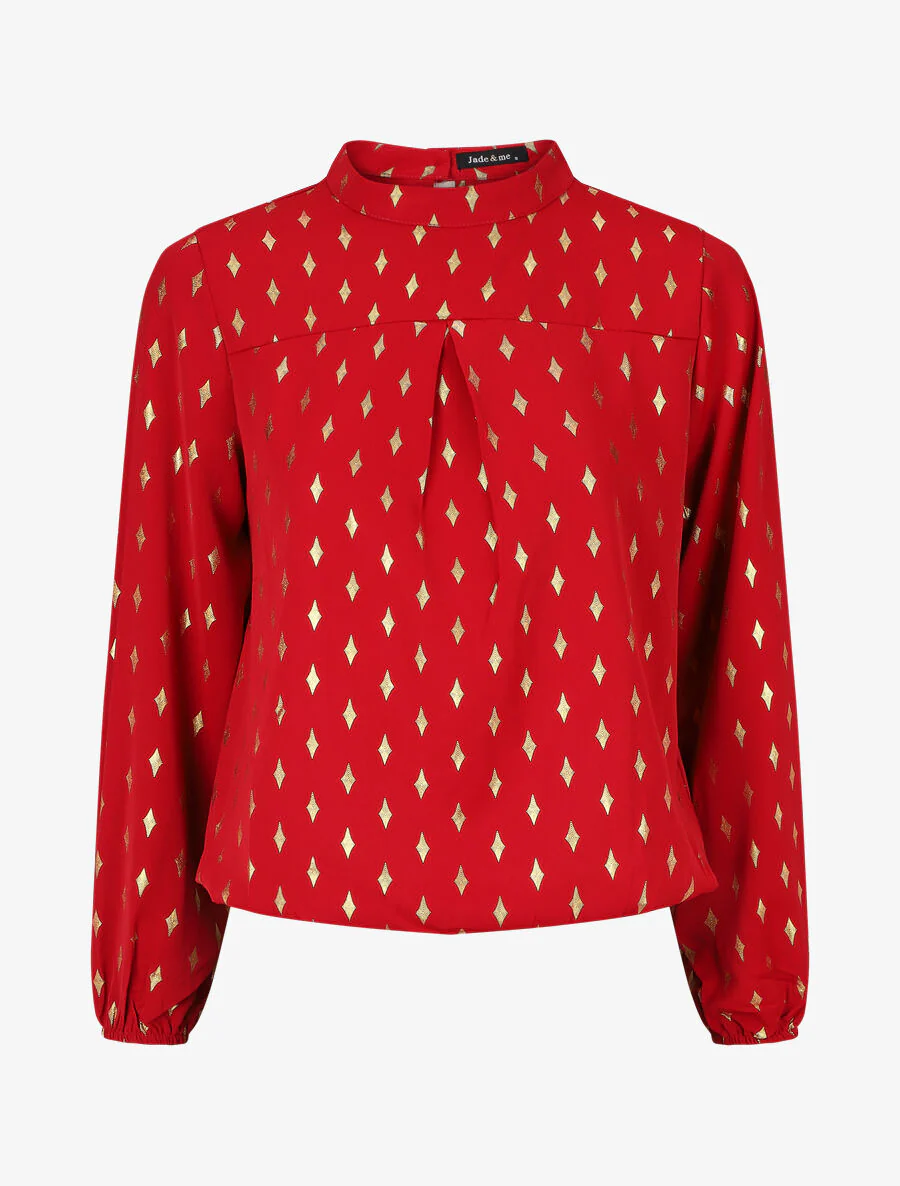 Blouse col montant à imprimé losanges dorés - Rouge