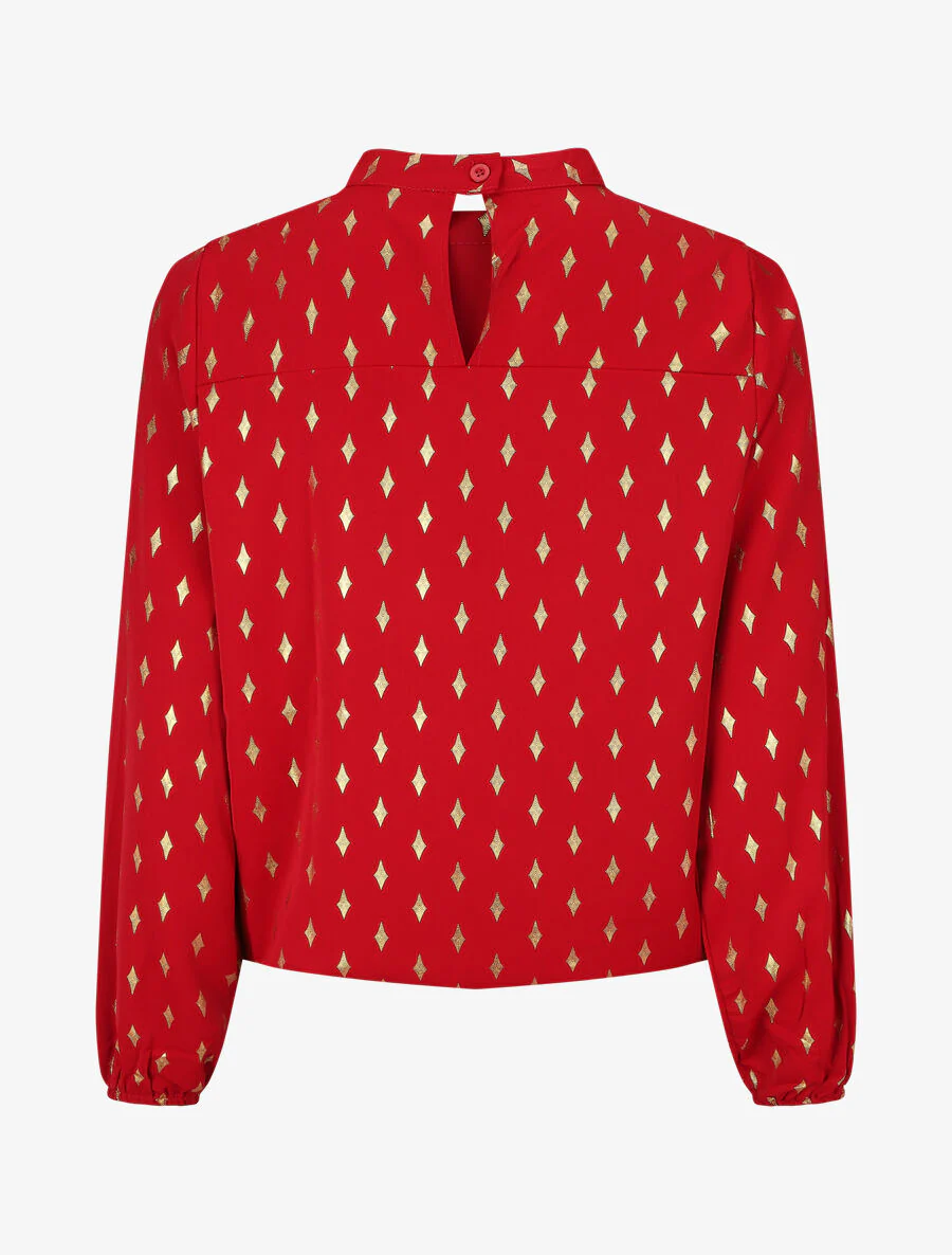 Blouse col montant à imprimé losanges dorés - Rouge - Image 2