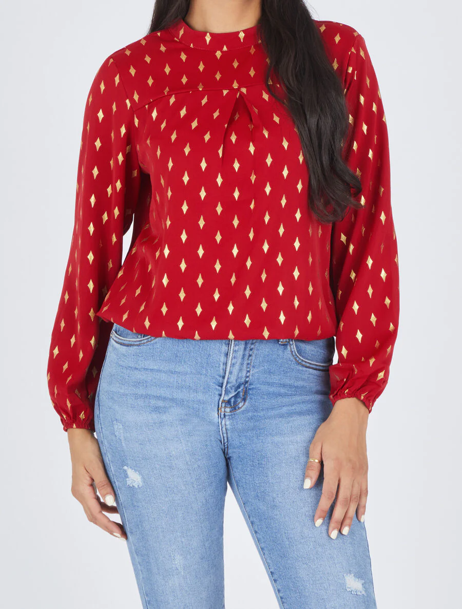 Blouse col montant à imprimé losanges dorés - Rouge - Image 4