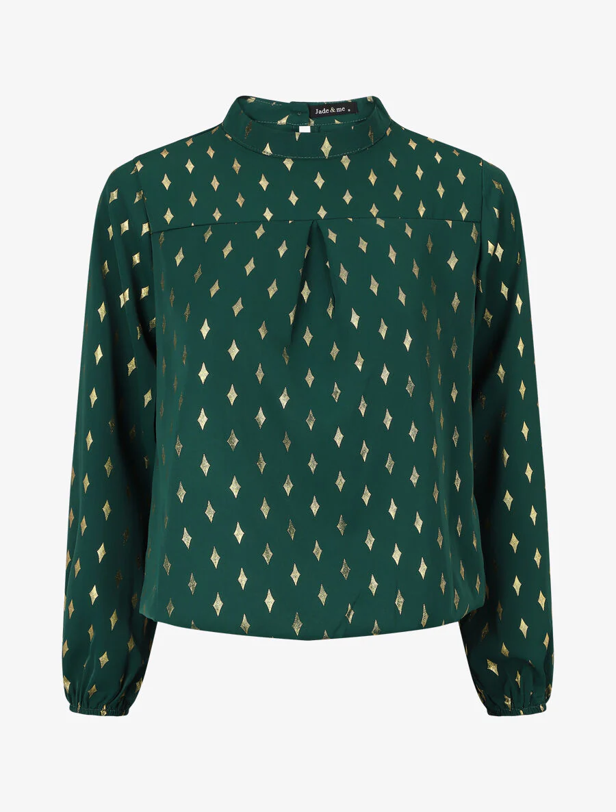 Blouse col montant à imprimé losanges dorés - Vert