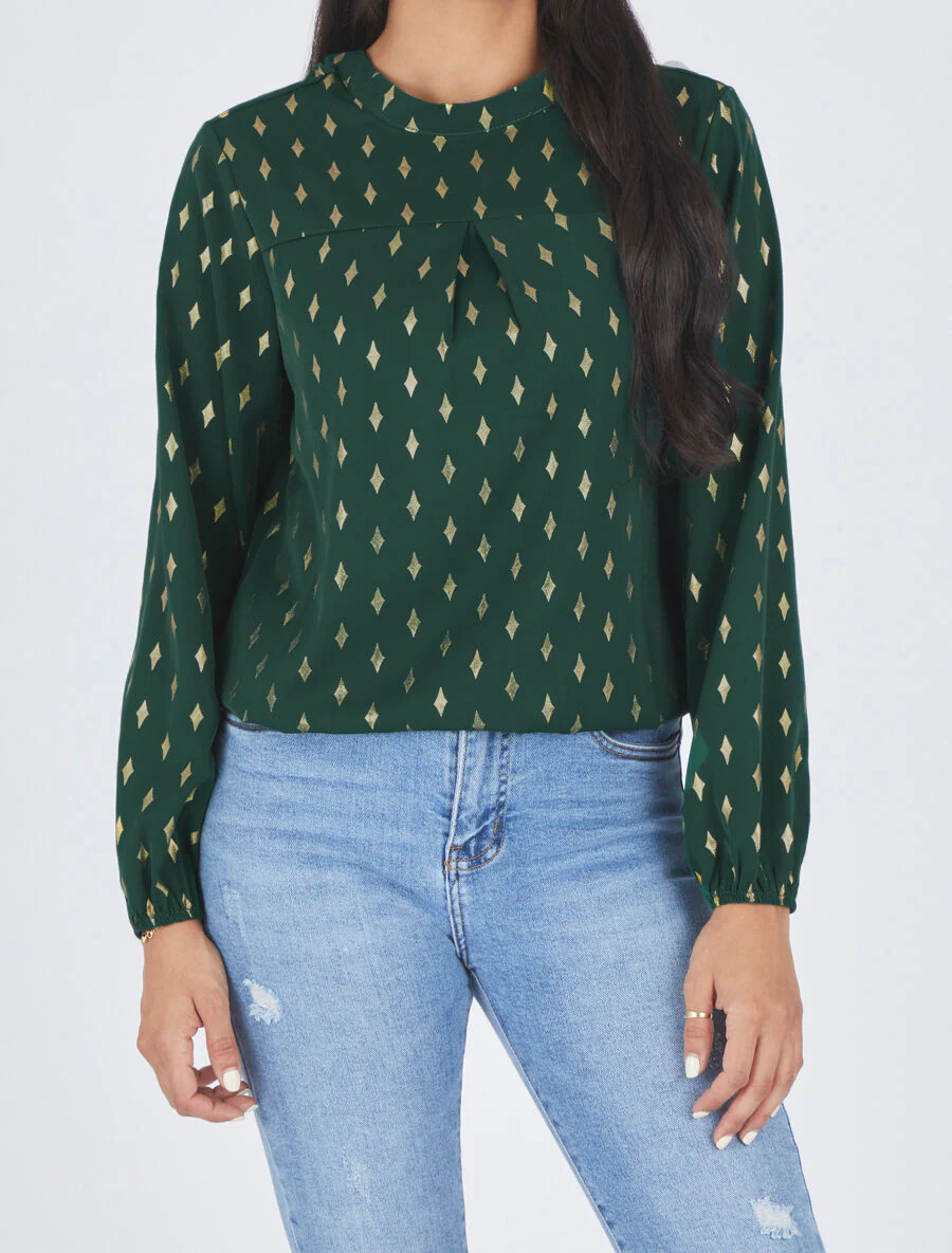 Blouse col montant à imprimé losanges dorés - Vert - Image 4