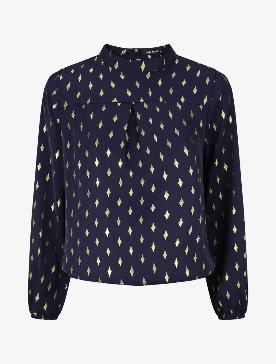 Blouse col montant à imprimé losanges dorés - Marine