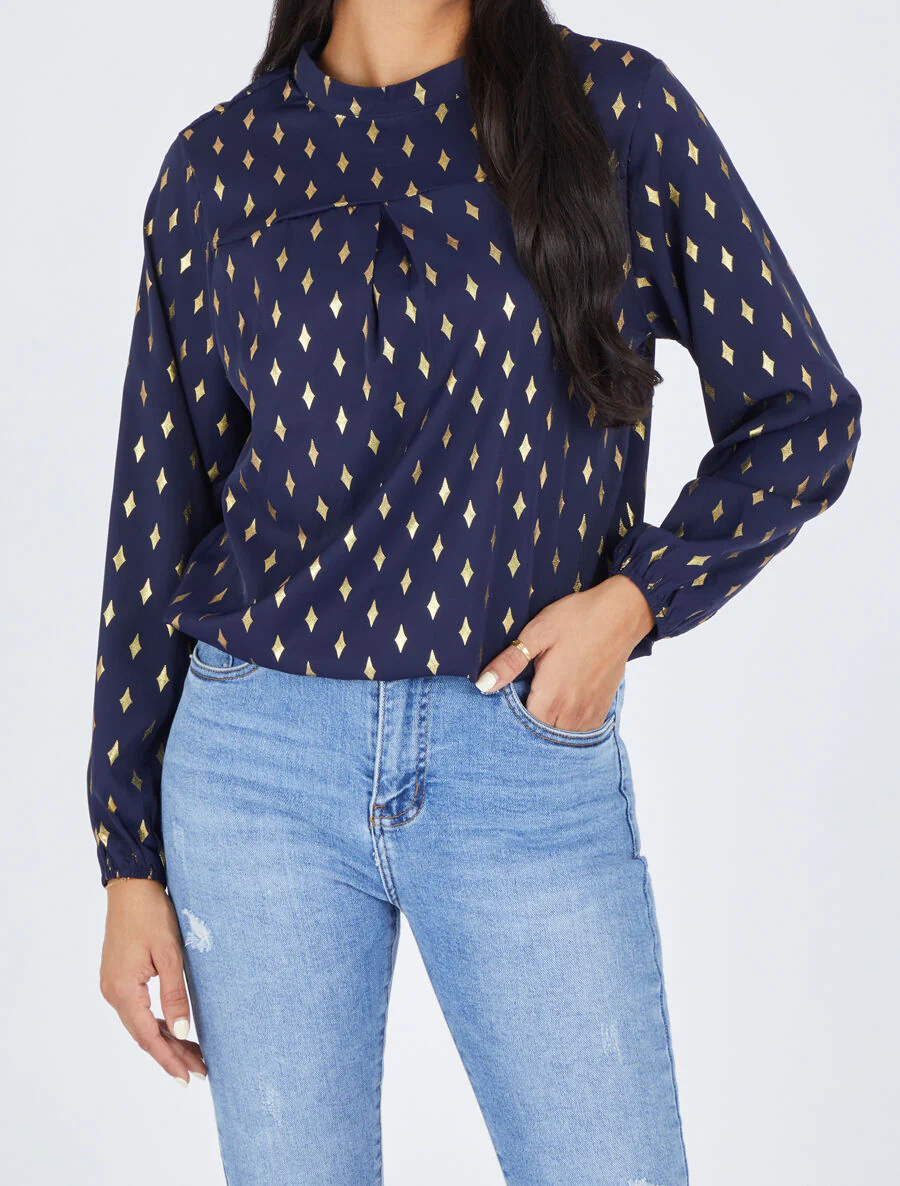 Blouse col montant à imprimé losanges dorés - Marine - Image 4