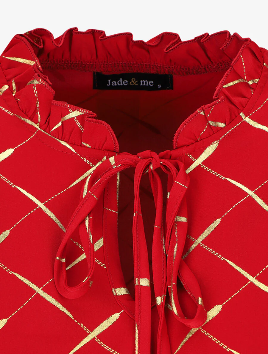 Blouse col V à imprimé dorés - Rouge - Image 3