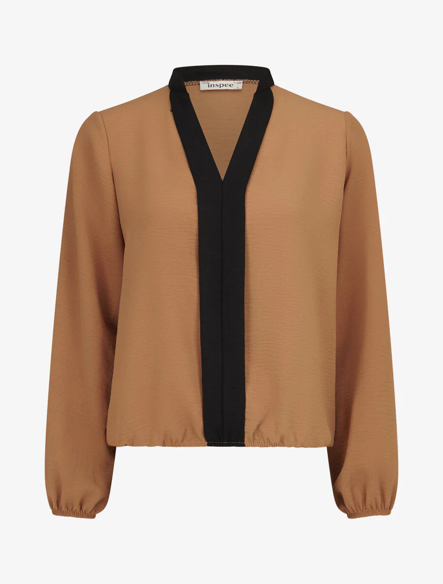 Blouse coupe boule à liseret contrastant - Camel