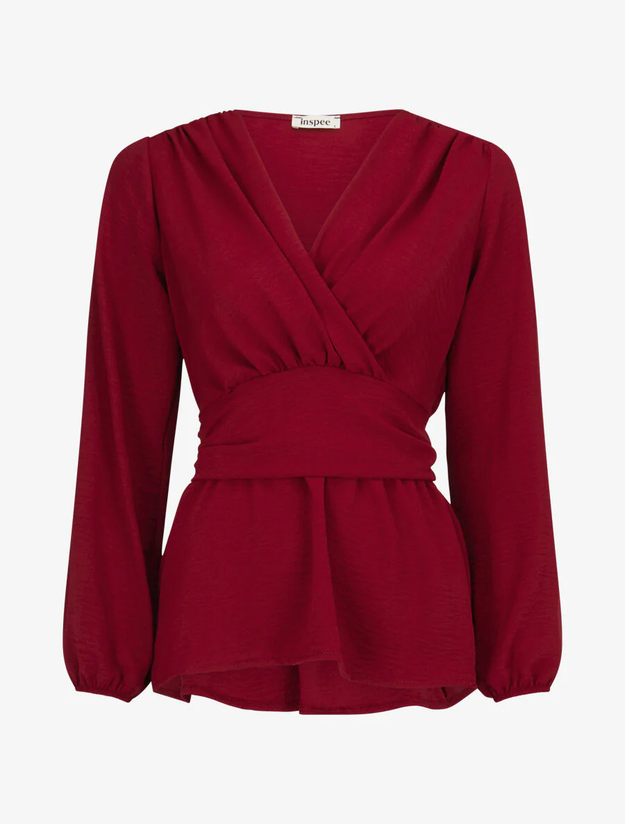 Blouse élastiquée à col V - Bordeaux