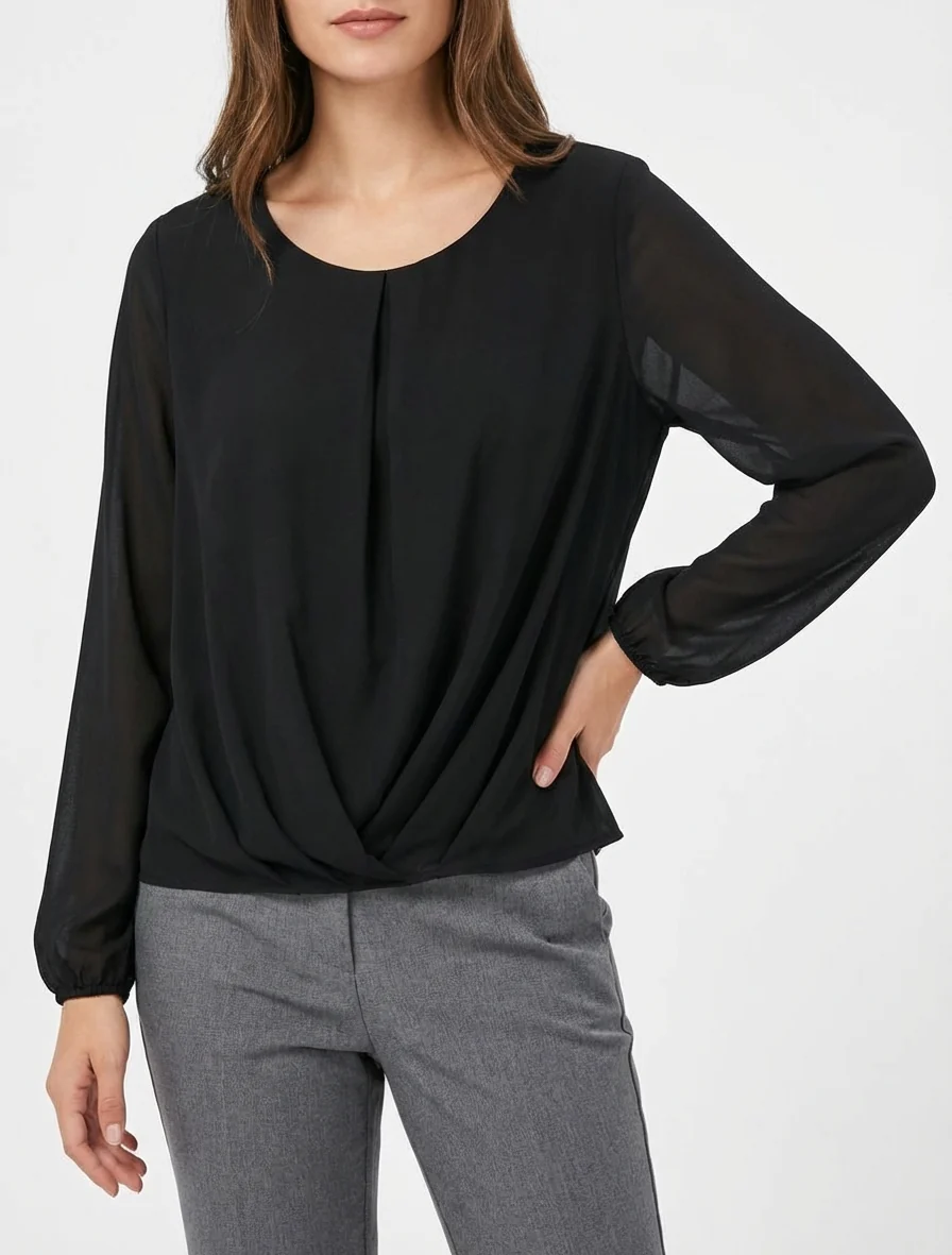 Blouse en voile à effet drapé - Noir - Image 4