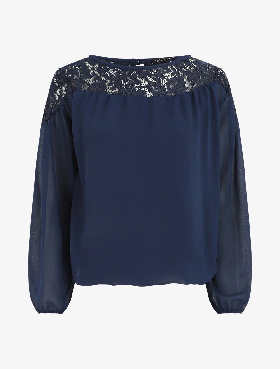 Blouse en voile coupe boule et dentelle - Marine