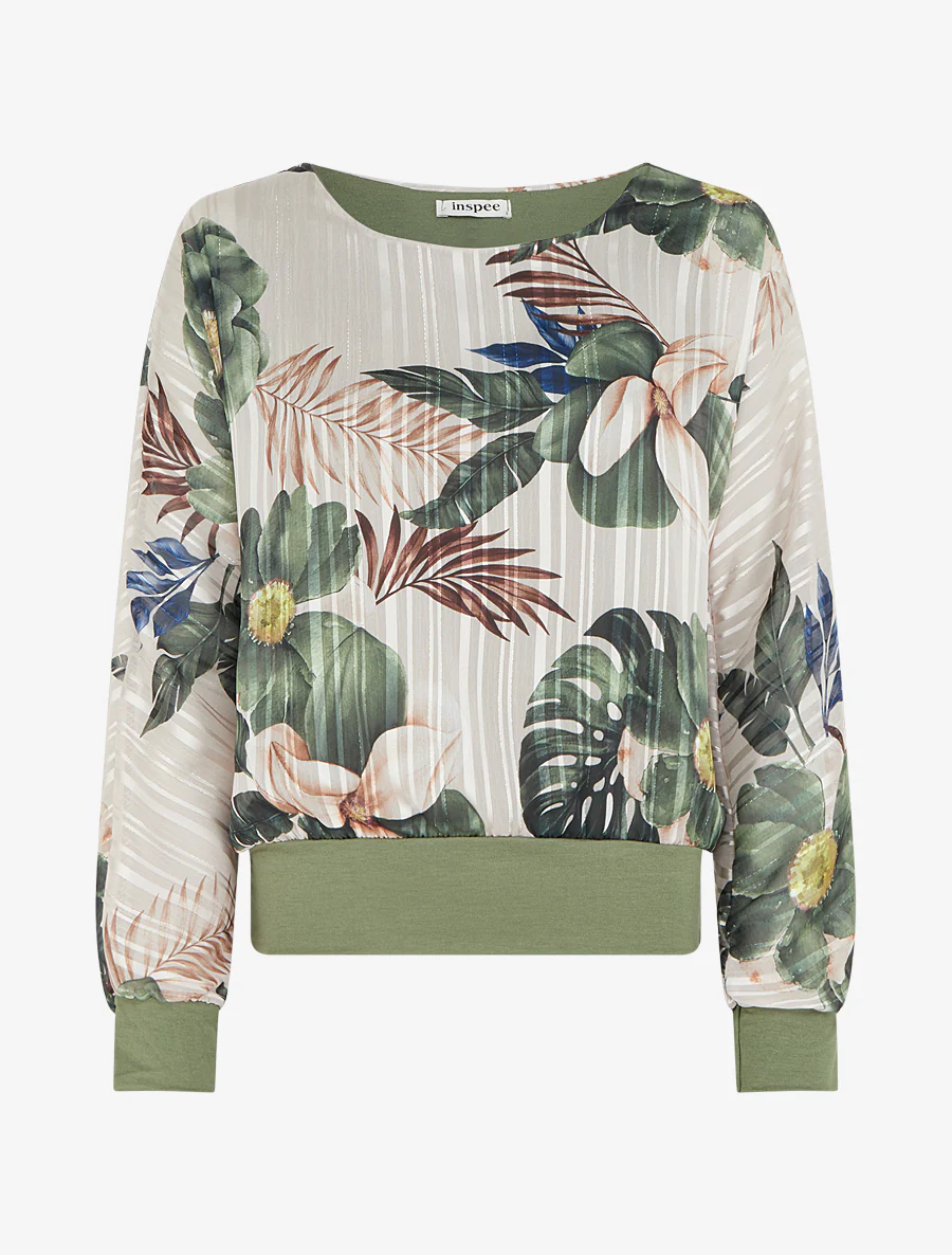 Blouse en voile imprimé feuillage à détail irisé - Kaki