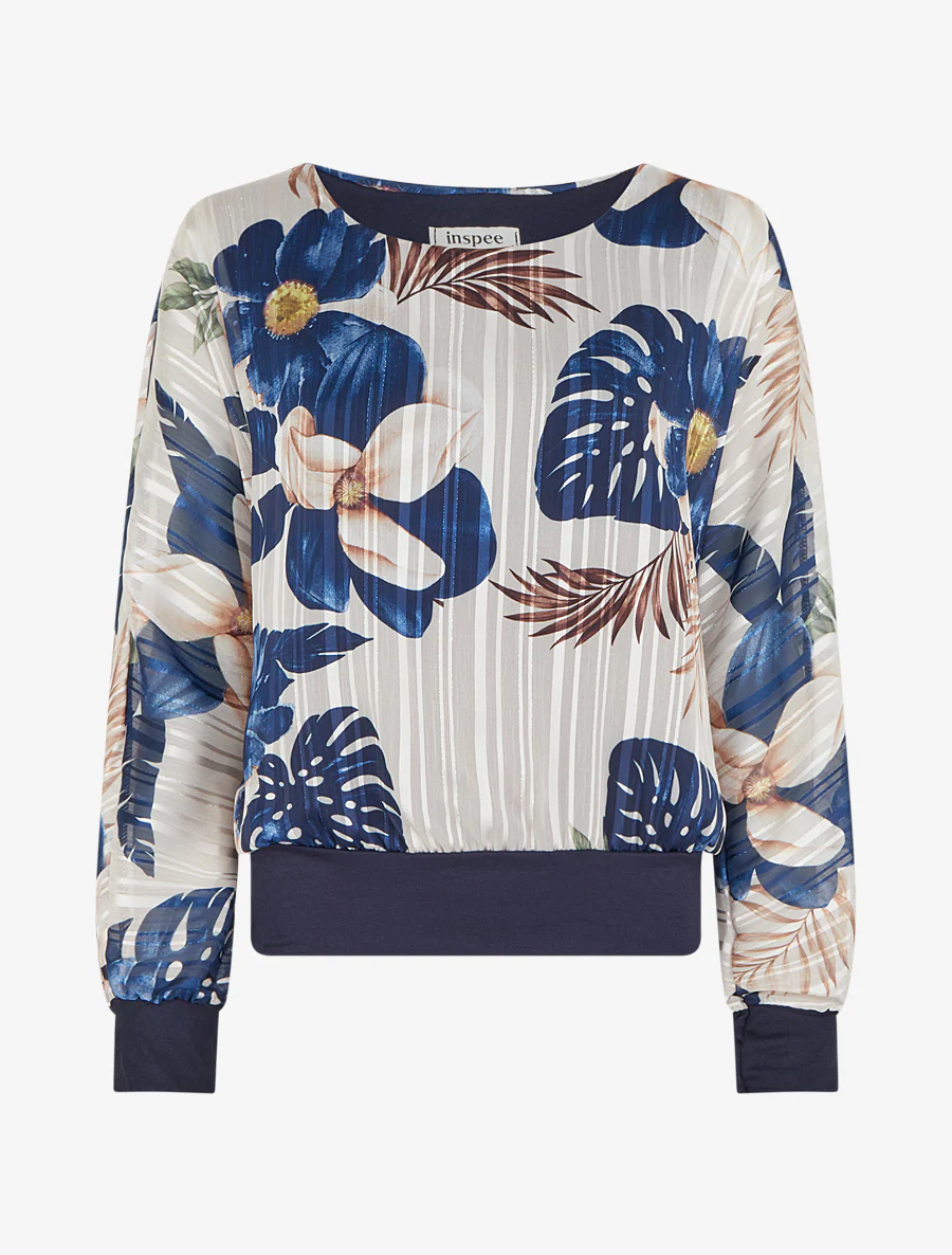 Blouse en voile imprimé feuillage à détail irisé - Marine
